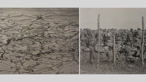 Reproduction d'un croquis cartographique et photos d'un groupe de prisonniers derrière des barbelés.