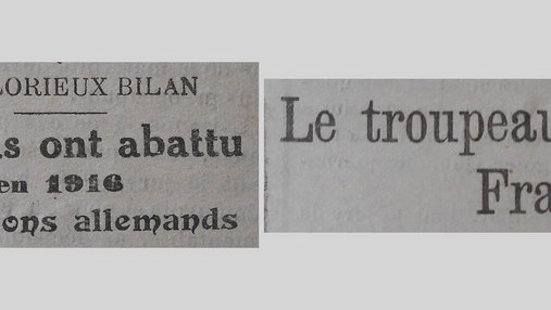 Unes de journal : « Un glorieux bilan : nos As ont abattu en 1916 417 avions allemands. Le troupeau français. »