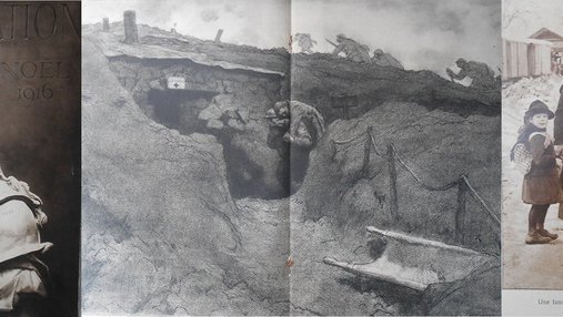 Illustration d'un buste de Marianne en armure. Illustration de blessés dans les tranchées. Photo d'une femme et ses deux enfants : « Une famille qui a entassé tout ce qu'elle possédait dans une brouette »