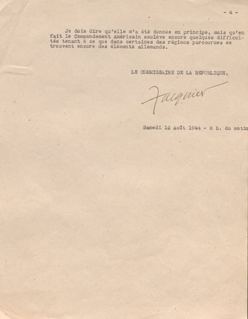 Premier rapport de Michel Debré, alias Jacquier, après sa prise de fonction en tant que commissaire de la République de la région d’Angers, 12 août 1944