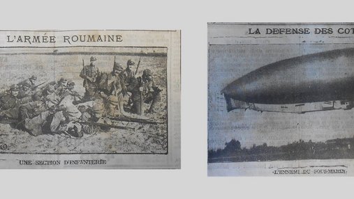 Photo d'une section d'infanterie de l'armée roumaine et d'un zeppelin « La défense des côtes :  l'ennemi du sous-marin. »