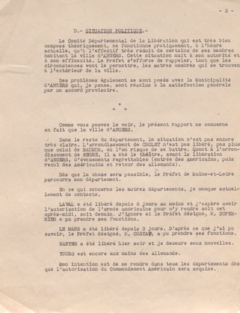 Premier rapport de Michel Debré, alias Jacquier, après sa prise de fonction en tant que commissaire de la République de la région d’Angers, 12 août 1944