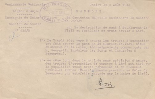 Rapport de gendarmerie adressé au sous-préfet de Cholet l’informant des destructions et des exactions commises par les troupes allemandes en retraite, 8 août 1944