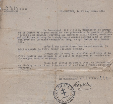 Lettre du commandant Rogers relative à Eugène Viala, 23 septembre 1944.