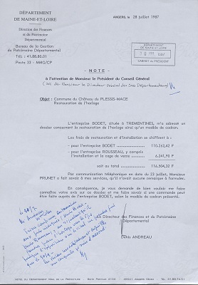 Note du directeur des finances et du patrimoine départemental à l’attention du président du conseil général, 30 juillet 1987.