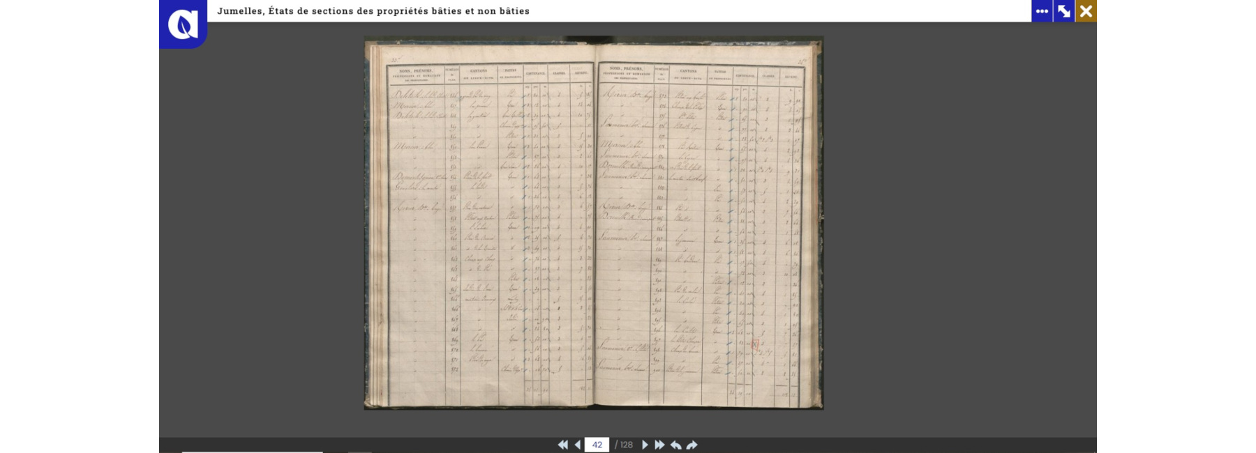 Extrait dees états de sections du cadastre napoléonien de Jumelles