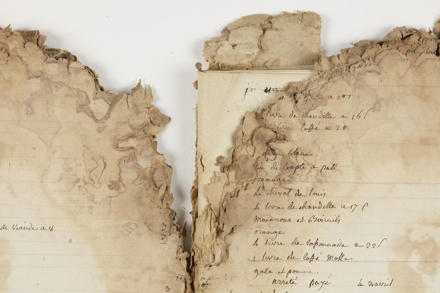 Livre de raison de Monsieur ou Madame Robineau, manuscrit sur papier, détail de dégradations causées par des moisissures, 1812-1813