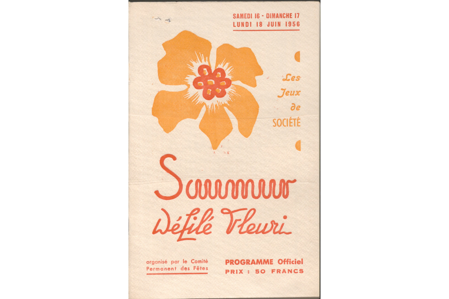 Programme du Défilé fleuri sur le thème des jeux de société à Saumur, 16-18 juin 1956