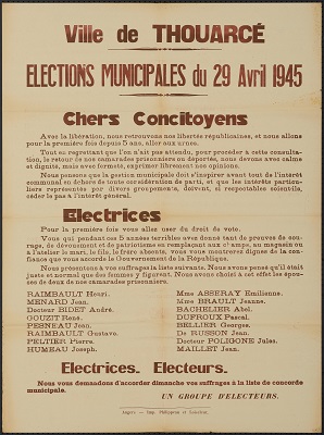 Affiche des élections municipales de Thouarcé, 29 avril 1945