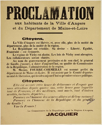 Proclamation de Michel Debré alias Jacquier, commissaire de la République régional annonçant la libération d’Angers, 10 août 1944