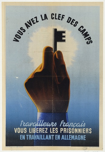 Affiche du secrétariat général de l'Information promouvant le travail en Allemagne, en contrepartie du retour des prisonniers de guerre français, 1943