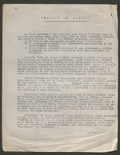 Exposé des faits par le procureur général à la suite du recours en amnistie déposé par Céline Leroy, veuve Dominois, condamnée par la cour de justice d’Angers le 16 juin 1945, 18 mai 1953