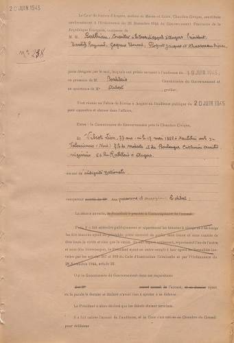 Arrêt de la cour de justice d’Angers, section chambre civique, condamnant Léon Vilcot à l’indignité nationale, 20 juin 1945