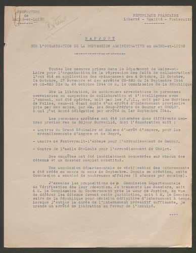 Rapport préfectoral sur l’organisation de la répression administrative en Maine-et-Loire, 23 novembre 1944.