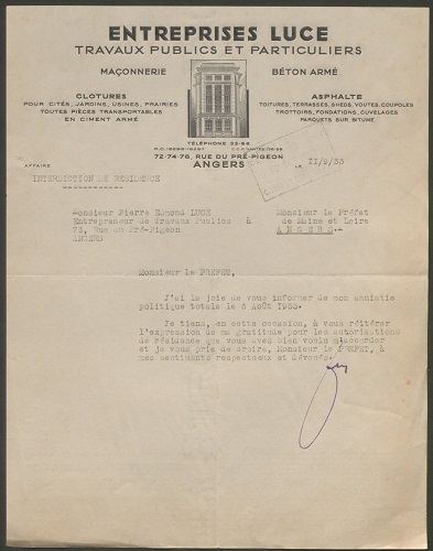 Pierre-Edmond Luce, dirigeant d’une entreprise, condamné pour faits de collaboration économique annonçant au préfet son amnistie politique totale, 11 septembre 1953