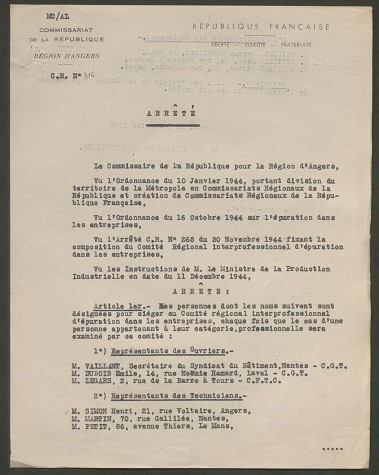 Arrêté de nomination des membres du comité régional interprofessionnel d’épuration dans les entreprises par Michel Debré, commissaire de la République à Angers, 5 janvier 1945
