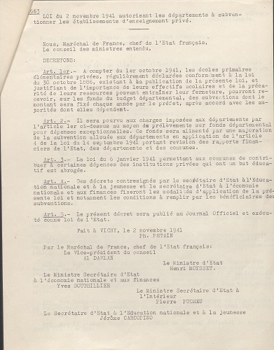 Loi du 2 novembre 1941 autorisant les départements à subventionner les établissements d’enseignement privé.