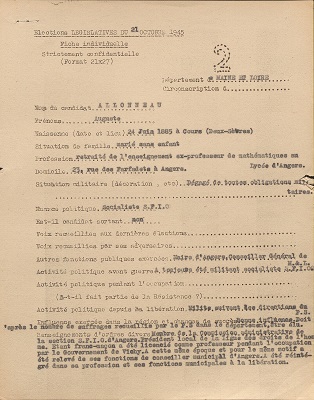 Fiche individuelle sur Auguste Allonneau, octobre 1945