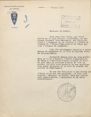 Lettre de l’École d’application du génie au préfet de Maine-et-Loire, 14 juin 1950