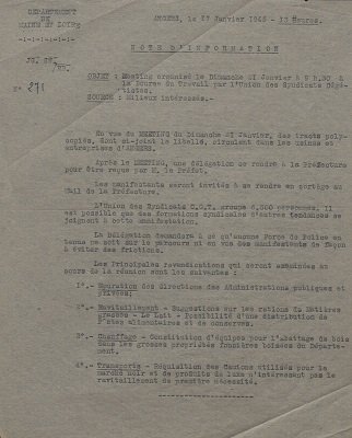 Note des renseignements généraux au sujet d’une réunion organisée à la bourse du travail d’Angers, 17 janvier 1945.