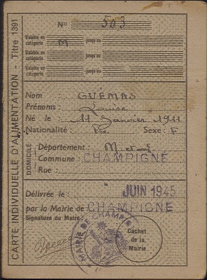 Carte d’alimentation d’un habitant de Champigné, 1945-1946