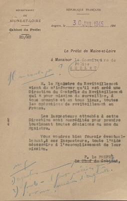 Courrier du préfet de Maine-et-Loire au sujet de la création d’une direction du contrôle du ravitaillement, 30 juillet 1945