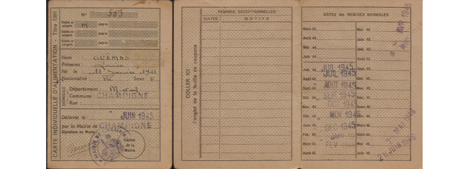 Carte d'alimentation d'un habitant de Champigné