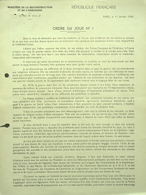 Communiqué de Raoul Dautry, ministre de la Reconstruction et de l’Urbanisme, adressé aux Français, 1er janvier 1945
