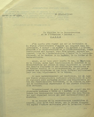 Courrier de Michel Debré, commissaire de la République de la région d’Angers, adressé au ministère de la Reconstruction et de l’Urbanisme, 23 février 1945