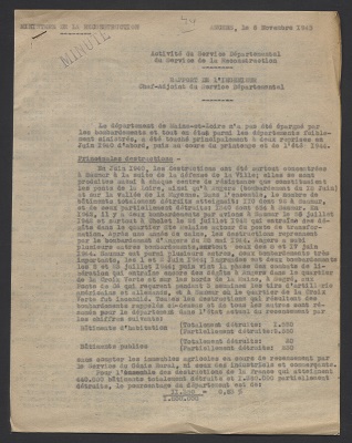 Rapport d’activité du service de la reconstruction de l’administration des Ponts-et-Chaussées, 6 novembre 1945