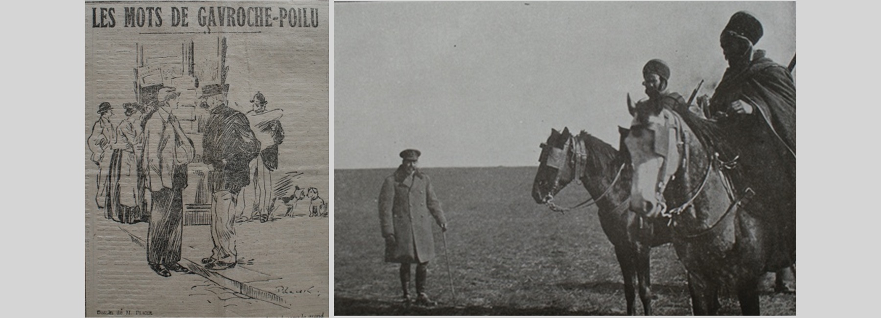 Illustration des mots de Gavroche et photo du souverain britannique avec des spahis à cheval.