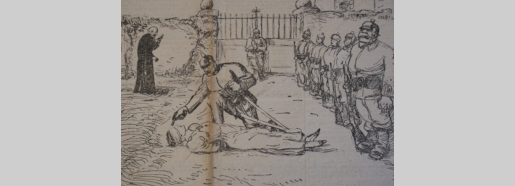 Illustration présentant un peloton d'exécution ainsi qu'un homme ayant tué une femme.
