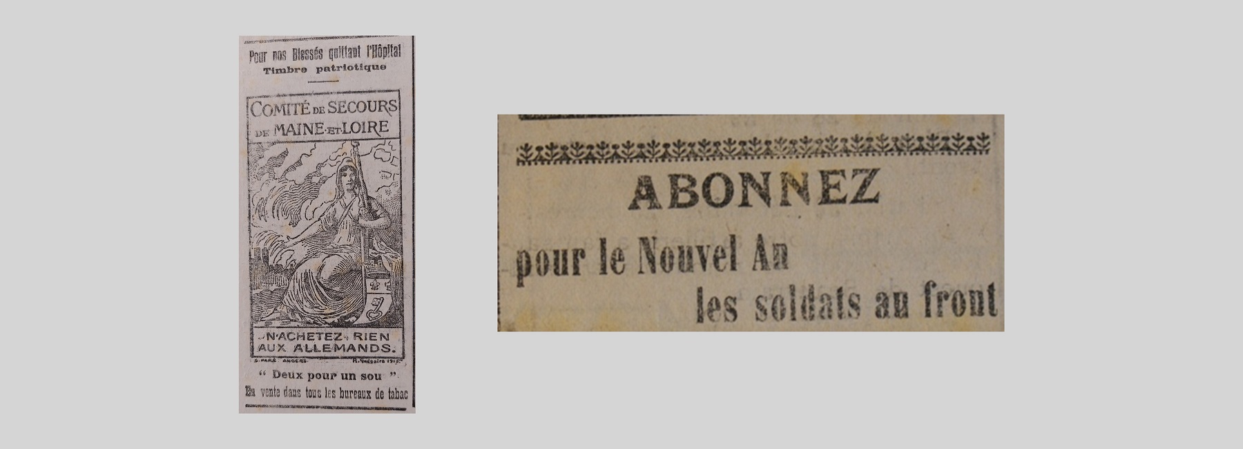 Une de journal « Abonnez pour le Nouvel An les soldats du front. » et reproduction du timbre patriotique.