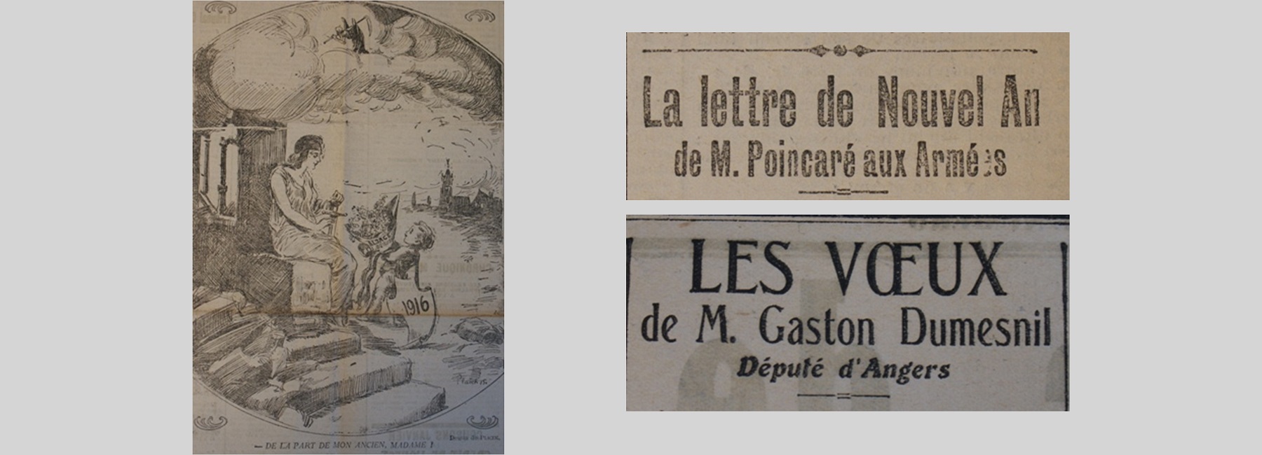 Unes de journal : « La lettre de Nouvel An de M.Poincaré aux Armées. Les voeux de M. Gaston Dumesnil, député d'Angers. » et reproduction d'une carte de voeux