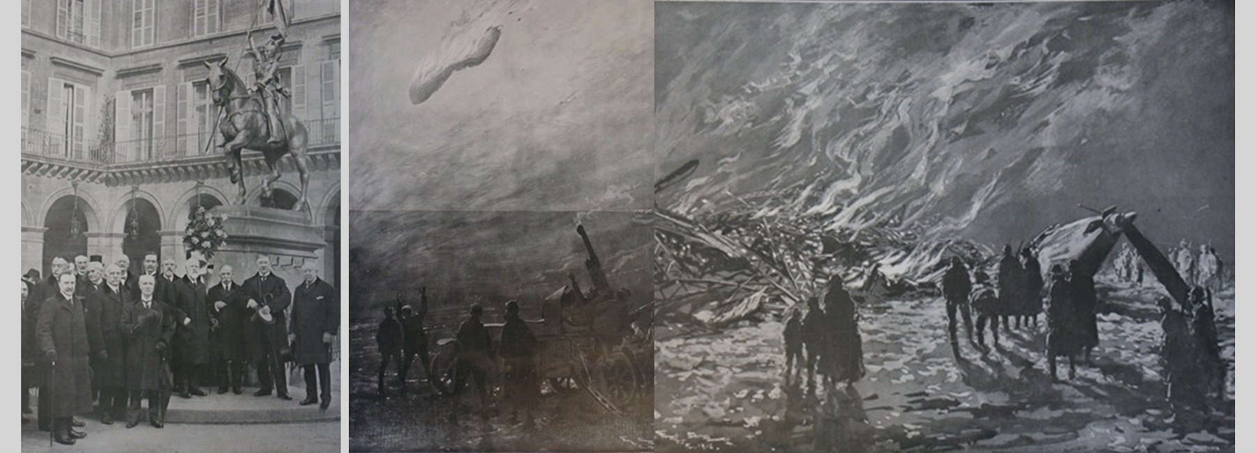 Photos des membres du parlement britannique et de le destruction d'un zeppelin.