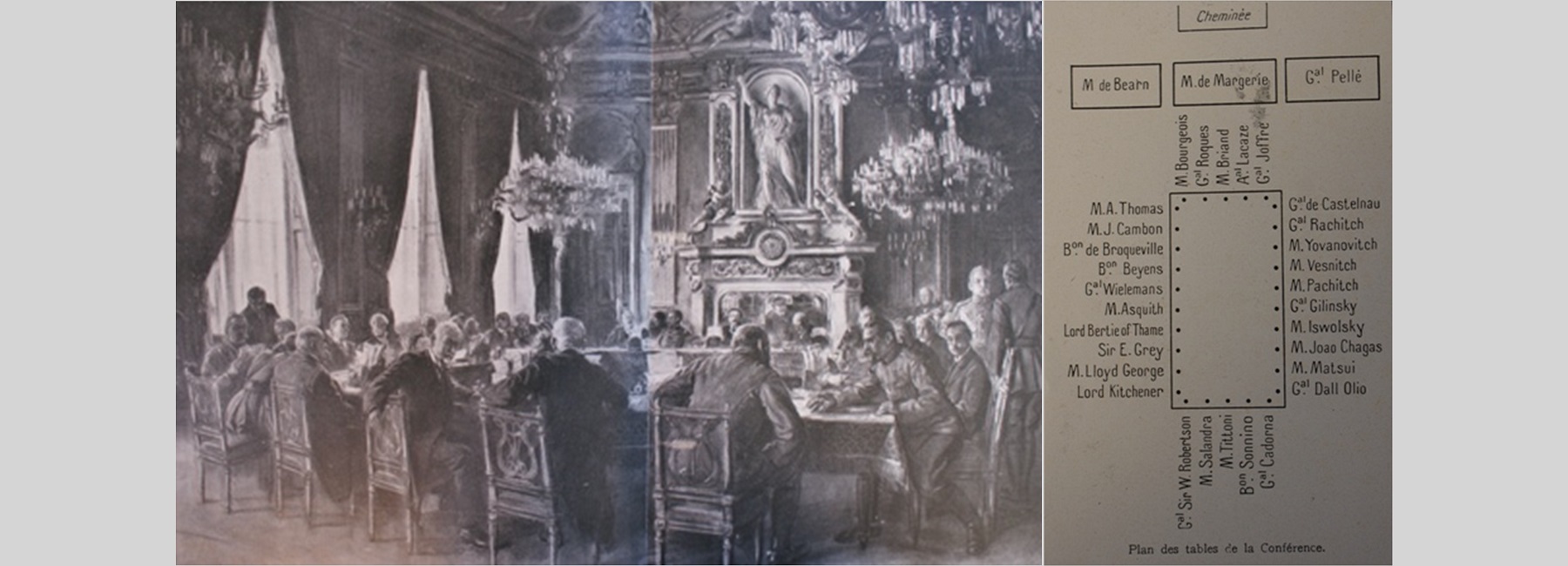 Illustration représentant des hommes autour d'une table et reproduction d'un plan.