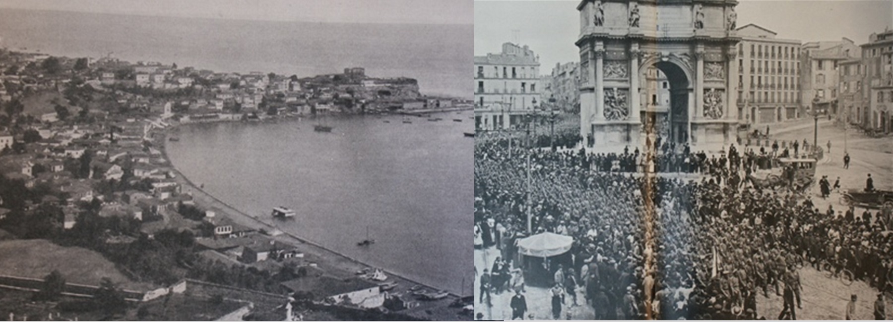 Photo d'un port et d'un défilé militaire.