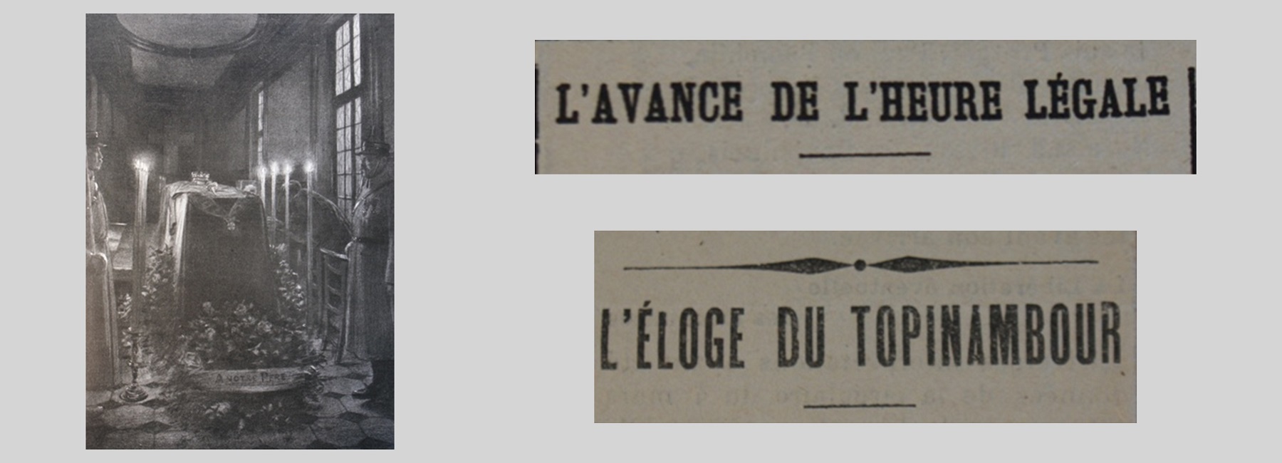 Unes de journal : « L'avance de l'heure légale. L'éloge du topinambour.» et illustration de soldats se recueillant devant le cercueil du général Gallieni.