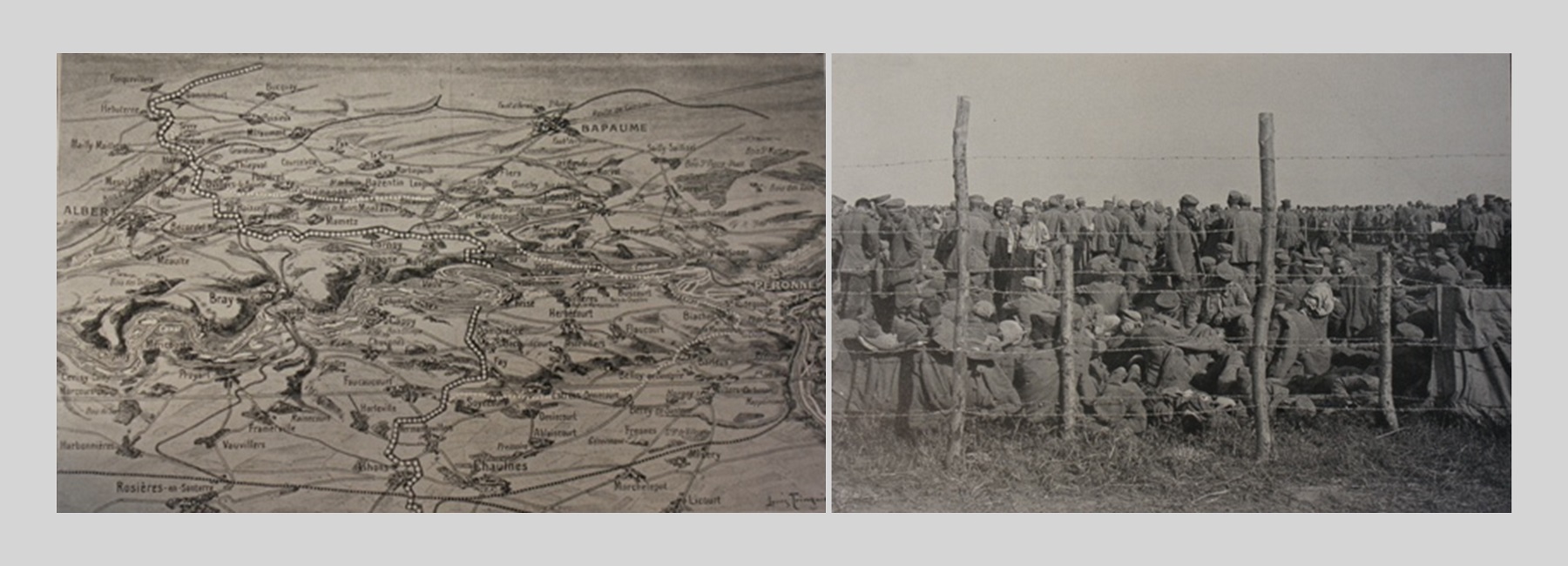 Reproduction d'un croquis cartographique et photos d'un groupe de prisonniers derrière des barbelés.