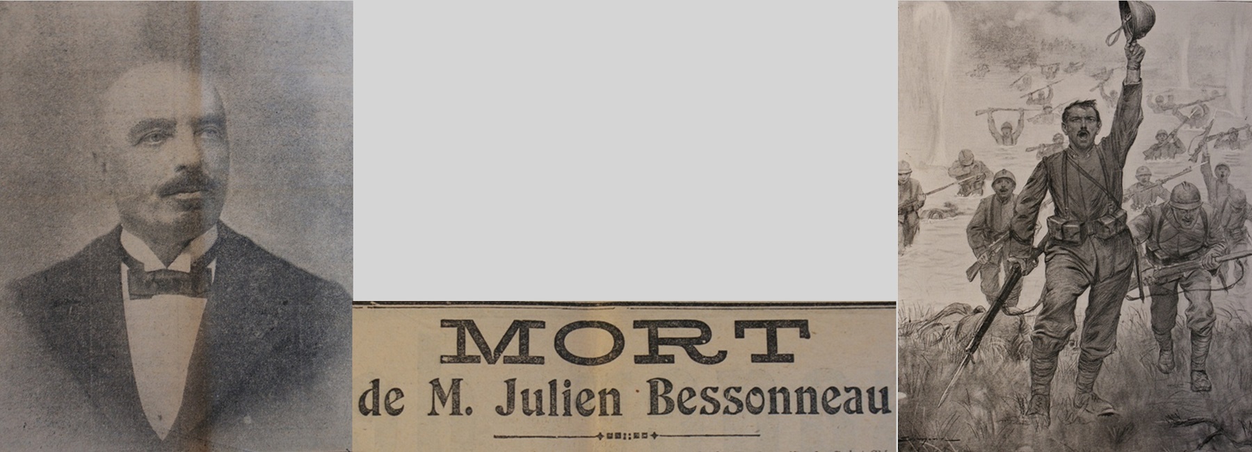 Une de journal : « Mort de M. Julien Bessonneau. » (avec portrait) et illustration de militaires en train de charger