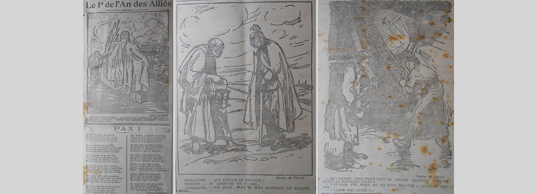 Trois dessins : un ange, l'empereur Guillaume face à Diogène et des soldats dans une tranchée.