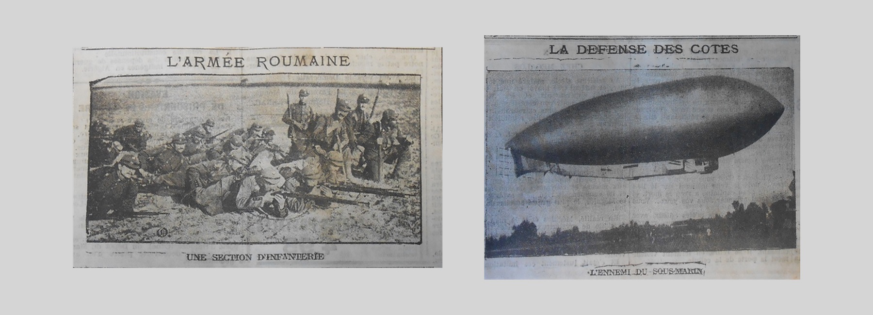 Photo d'une section d'infanterie de l'armée roumaine et d'un zeppelin « La défense des côtes :  l'ennemi du sous-marin. »