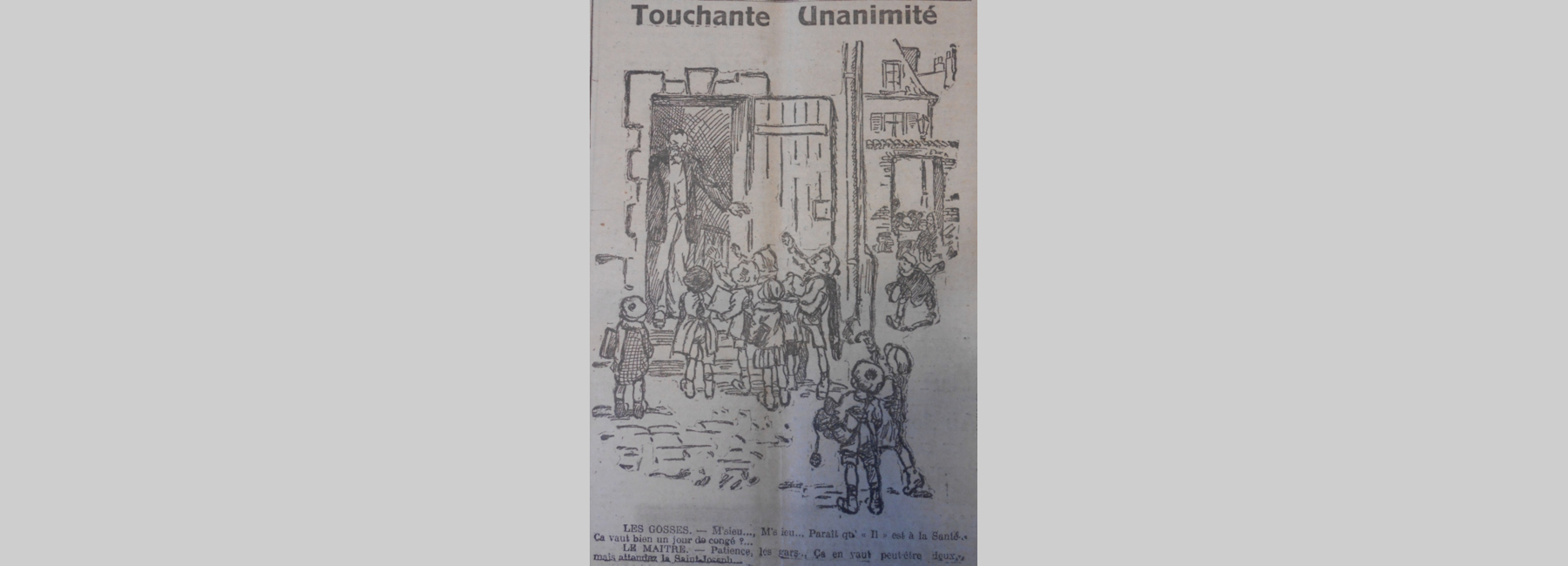 « Touchante unanimité » : illustration d'écoliers devant leur professeur.
