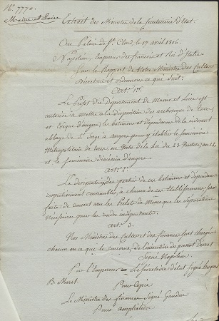 Décret impérial de mise à disposition des bâtiments et dépendances de l’ancienne abbaye Saint-Serge à Angers pour y établir le séminaire diocésain d’Angers, 17 avril 1806