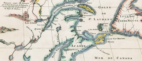 Extrait de la carte « Le Canada ou partie de la Nouvelle France dans l'Amérique Septentrionale contenant la terre de Labrador, le Nouvelle France, les isles de Terre Neuve, de Nostre Dame, etc à l'usage de Monseigneur le Duc de Bourgogne » par Alexis-Hubert Jaillot, 1696