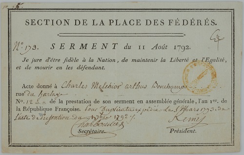 Acte donné à Charles de Bonchamps après sa prestation de serment envers la Nation