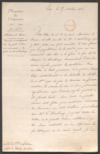 Lettre de Joseph-Henri Lainé au préfet de Maine-et-Loire, 25 octobre 1816