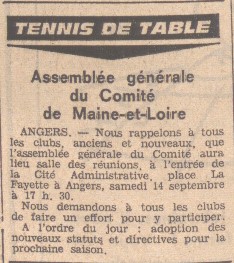 Article sur le tennis de table, Le Courrier de l'Ouest, 13 septembre 1968