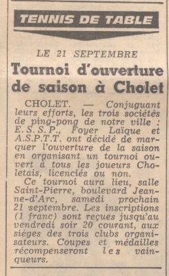 Article « Tournoi d'ouverture de saison à Cholet », Le Courrier de l'Ouest, 16 septembre 1968