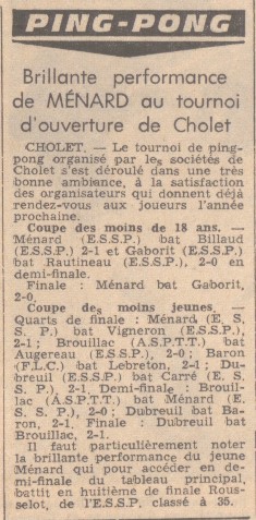 Article sur le tournoi d'ouverture de Cholet, Le Courrier de l'Ouest, 23 septembre 1968. 